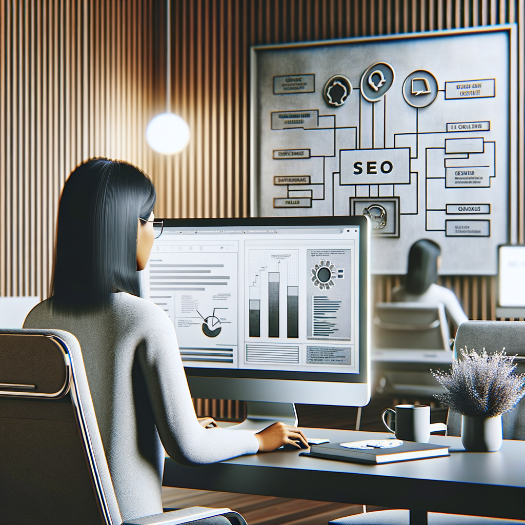 SEO戦術のフローチャートが描かれたホワイトボードと、背景でデータを分析する人物がいる現代的なオフィス環境
