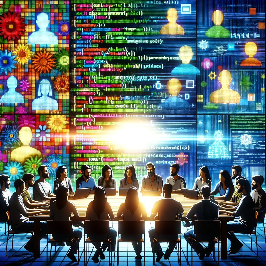 カラフルなコードが表示されたコンピュータースクリーンと協力するコミュニティの背景の写真