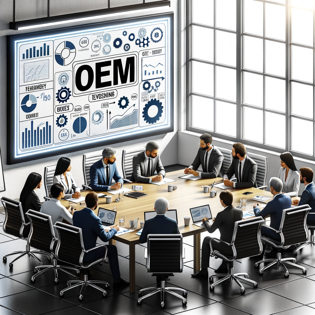 「OEM」の文字が書かれたホワイトボードと、長所と短所を示すチャートがあるビジネスミーティングの様子