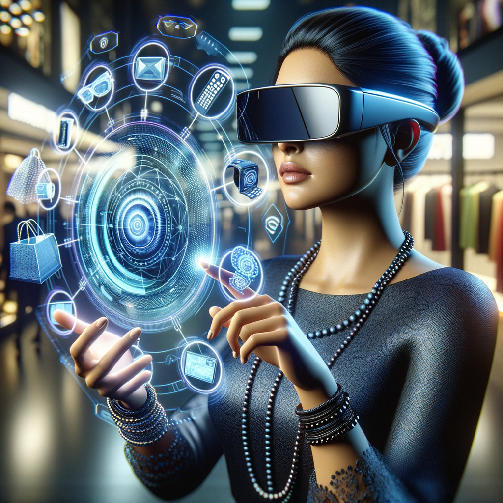 拡張現実(AR)メガネを使用して商品を閲覧する人物と空中に浮かぶデジタルインターフェース