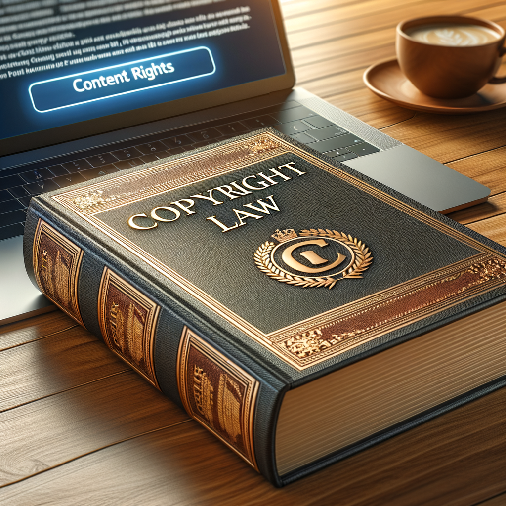 「著作権法」と書かれた本と、コンテンツの権利に関する通知を表示するコンピューター