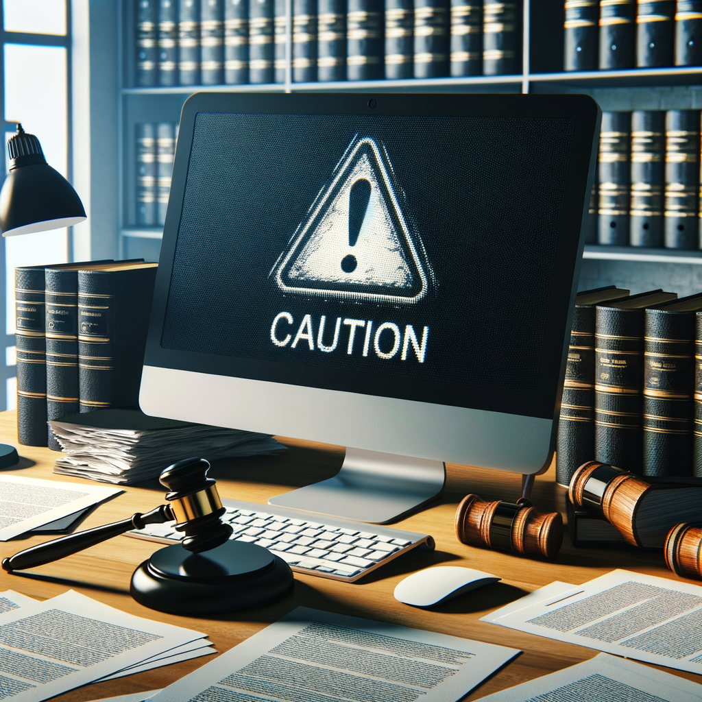 警告サインが表示されたコンピュータと法的文書、裁判用の木槌が置かれたオフィスのデスク