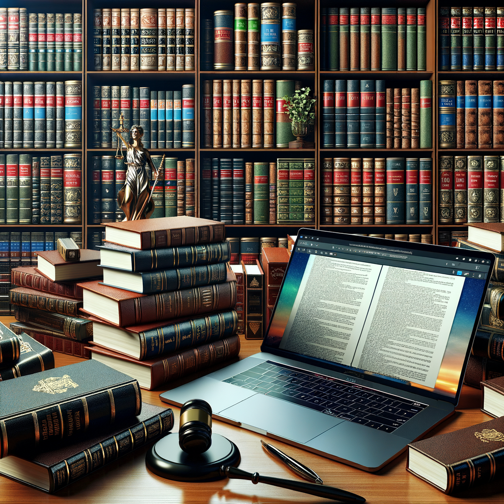 法律書が並ぶ本棚と、法律研究ウェブサイトが開かれたラップトップ