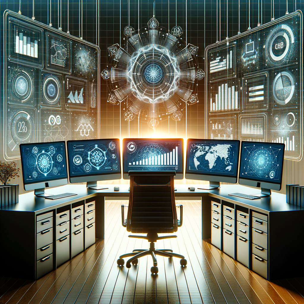 コンプライアンスソフトウェアとデータ分析が表示された複数のコンピュータスクリーンがあるモダンなオフィスのセットアップ