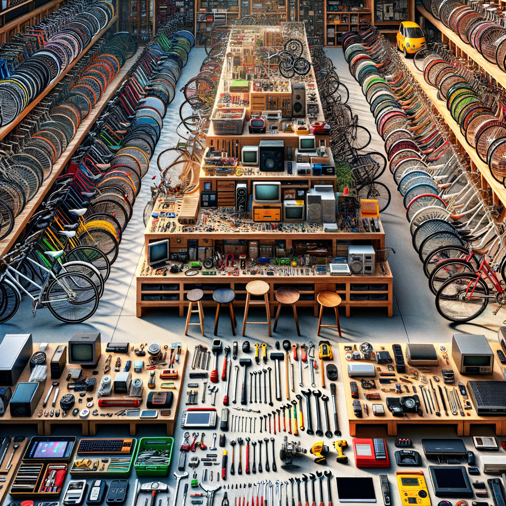 共有アイテムの例として、自転車や工具、電子機器が整然と並べられたコミュニティスペースのイメージ