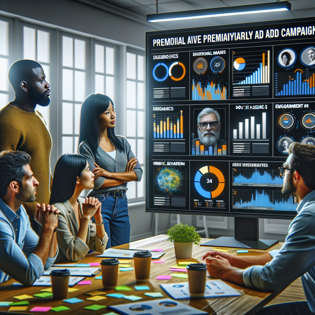 ティーザー広告キャンペーンに関連するデモグラフィックとエンゲージメント統計を表示する大型モニターを分析するマーケティングチーム