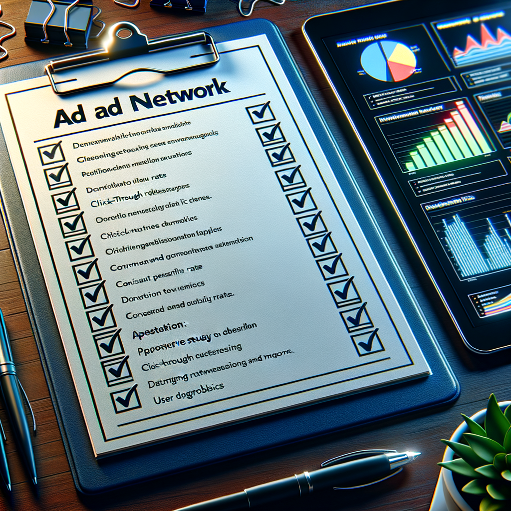 アドネットワーク選定のためのチェックリストと広告分析を表示するタブレット