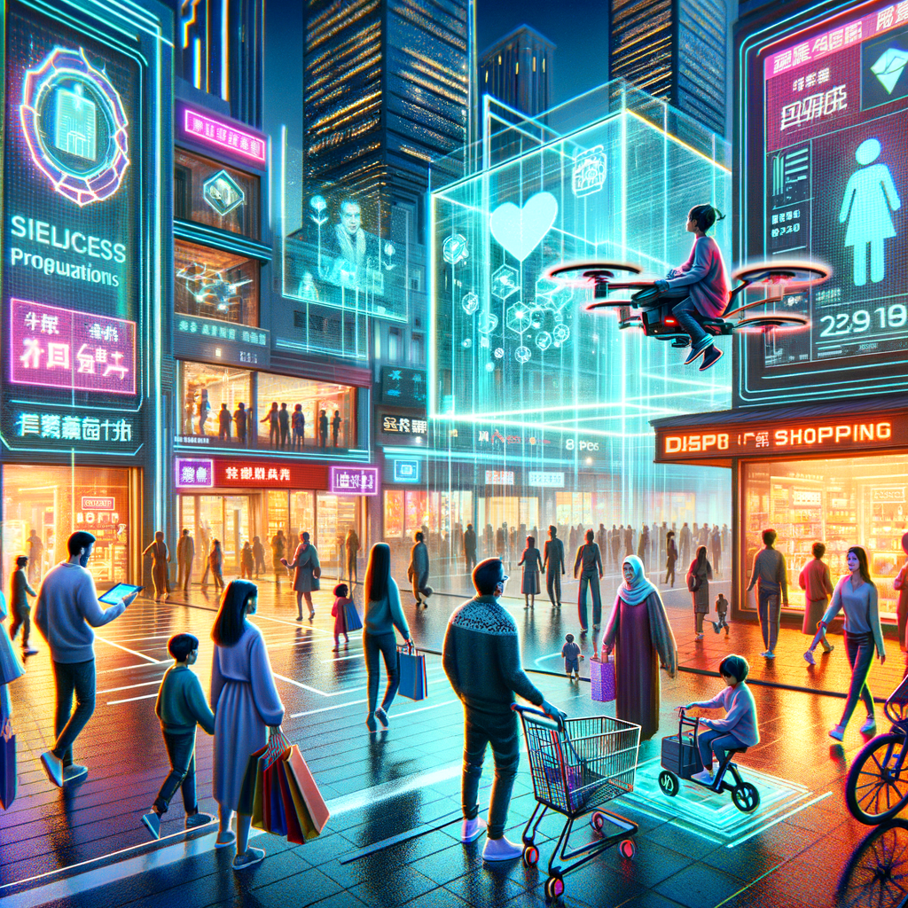デジタルスクリーンで独身の日のプロモーションを表示する未来的なショッピング地区と多様な買い物客の群れ