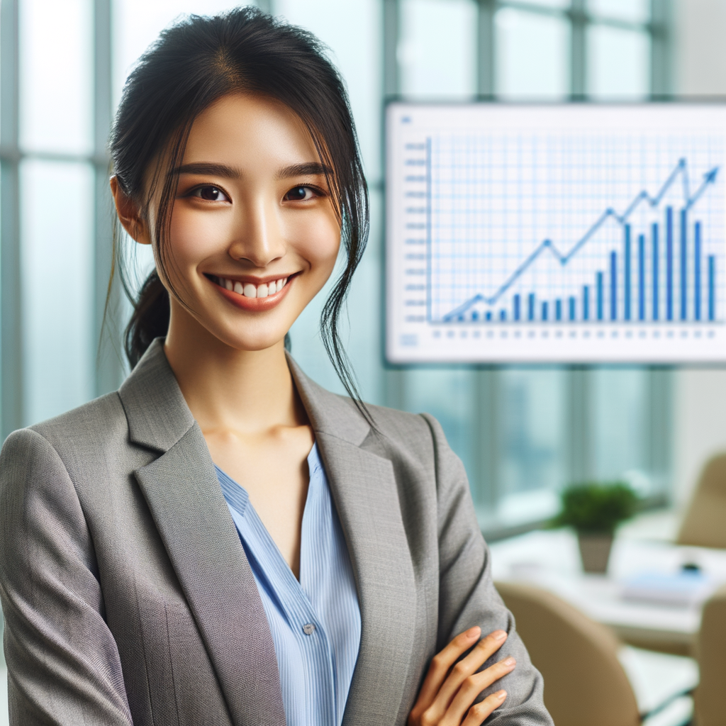 背景に収益性の向上を示す金融チャートがあるオフィスで、自信に満ちた笑顔のアジア人女性ビジネスウーマン