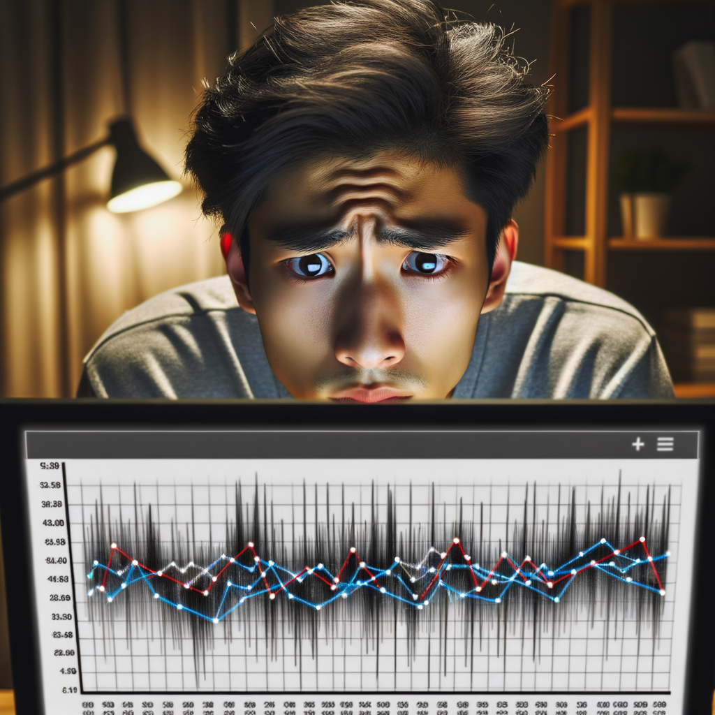アーンドメディアの管理に関する課題を象徴する変動するトレンドのグラフを表示したコンピュータ画面を見る心配そうな20代のアジア人男性