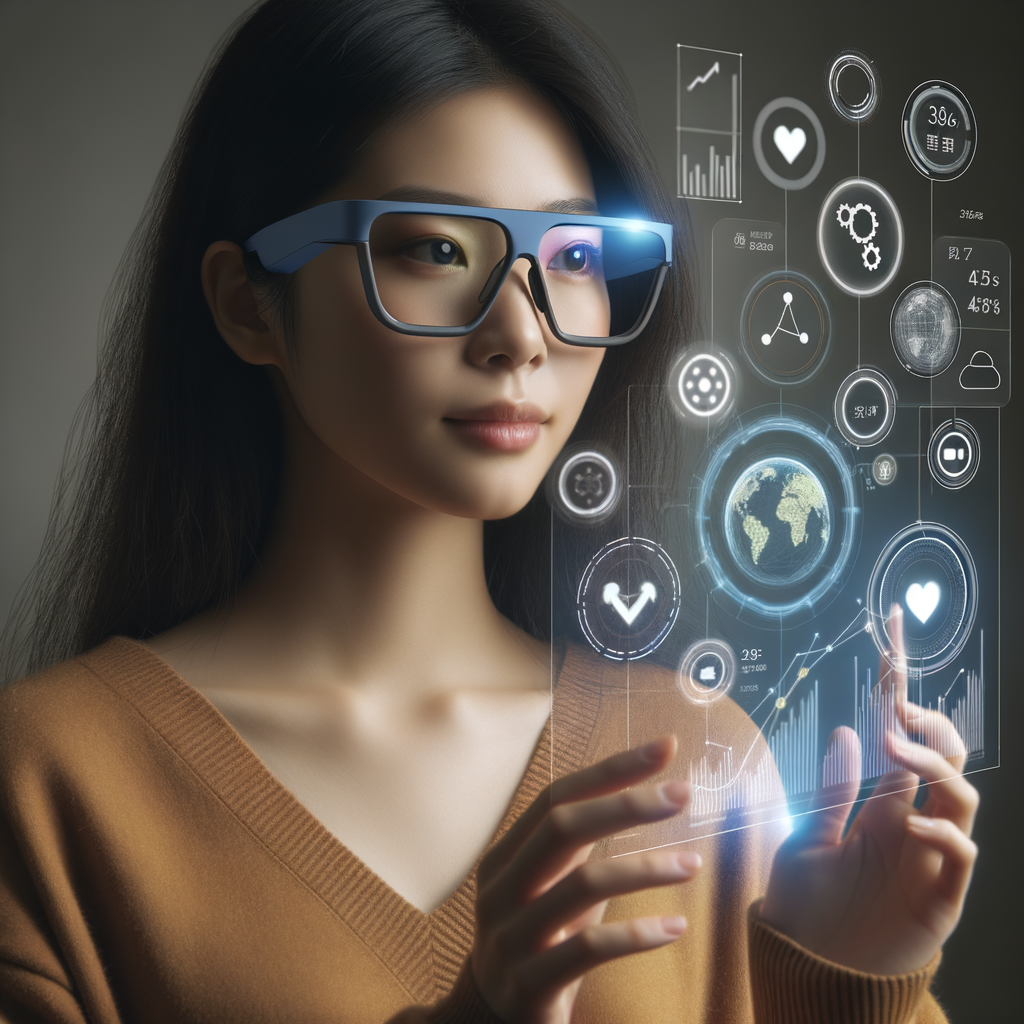 ソーシャルメディアの分析とトレンドを示すホログラフィックインターフェースを操作する未来的なスマートグラスを着用した20代のアジア人女性