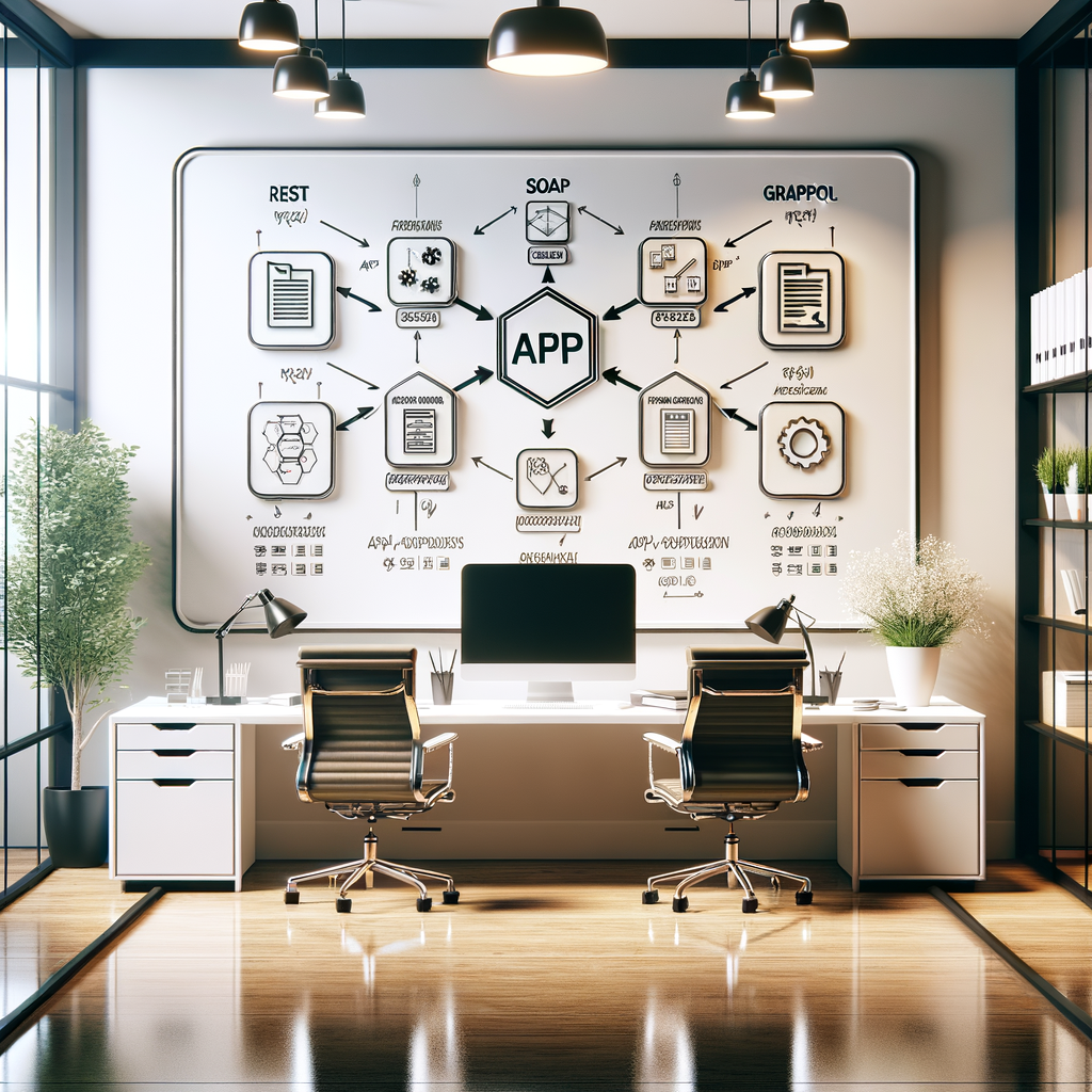 オフィスのホワイトボードに描かれたREST, SOAP, GraphQLなどのAPIの種類の図