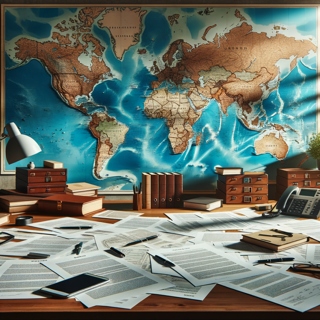 オフィスの壁に掛けられた世界地図と、テーブルに広げられた様々な法的文書