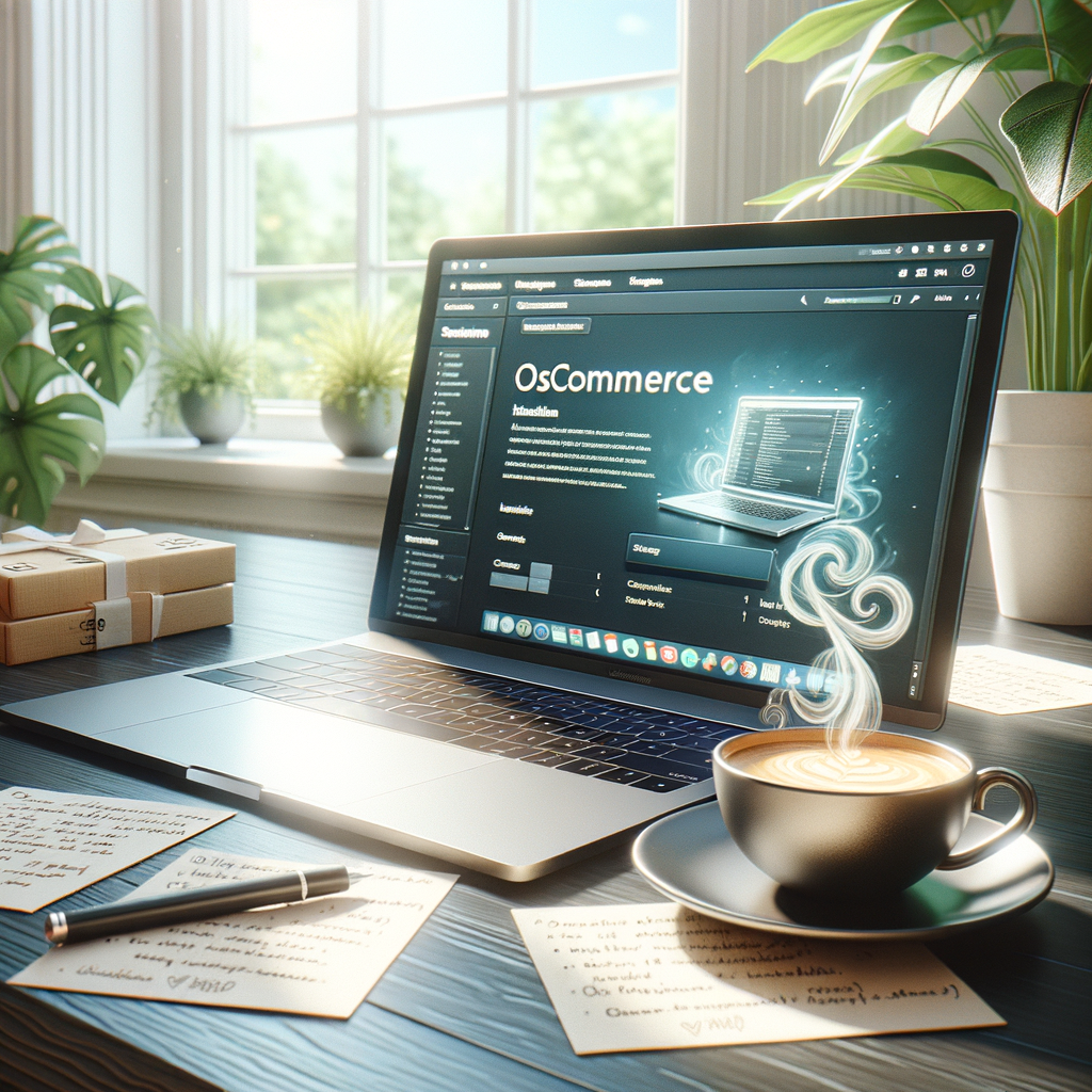 OSCommerceのインストールプロセスが表示されたラップトップとメモ、コーヒーカップ