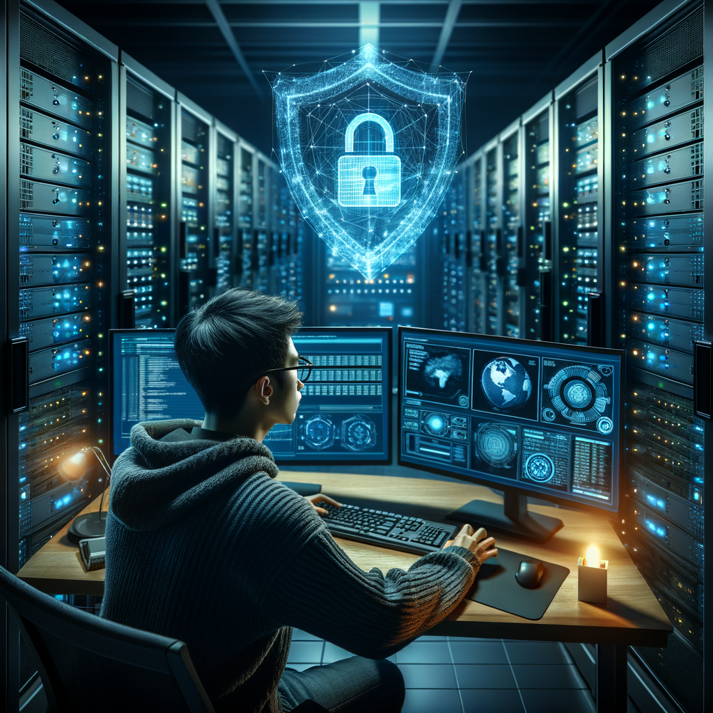 サーバーとセキュリティを象徴するシールドアイコンが表示されたデジタルインターフェースを監視する人物