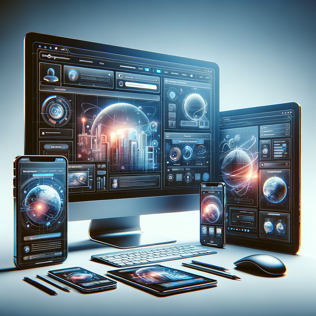 デスクトップ、タブレット、スマートフォンなど複数のデバイスで、それぞれの画面サイズに適応するレスポンシブデザインのウェブサイトを表示している写真