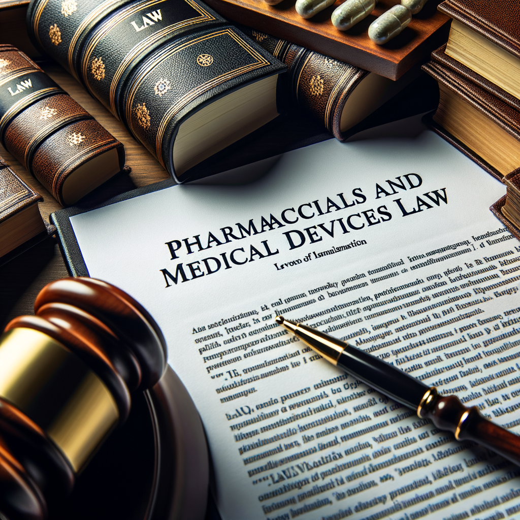 薬機法のタイトルが強調された文書と法律書、裁判用の木槌