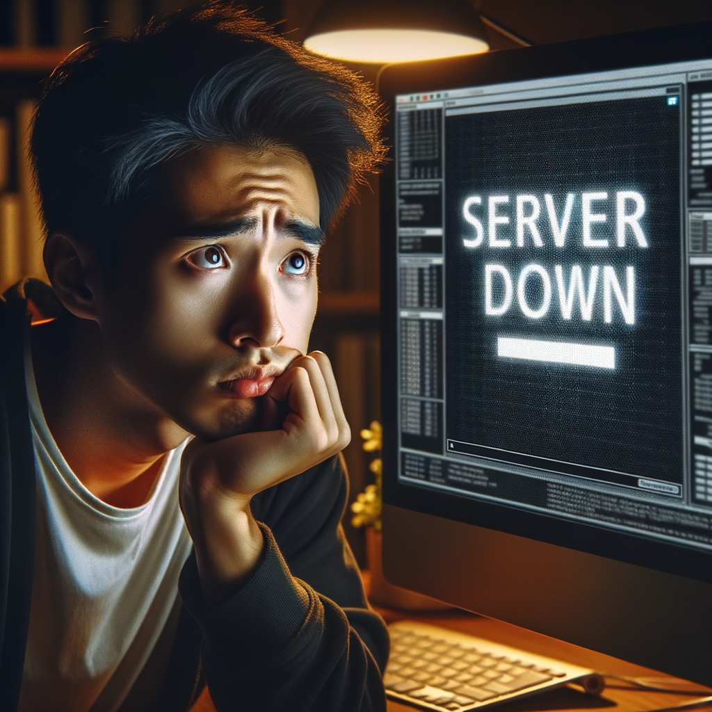 「サーバーダウン」のメッセージが表示されたコンピューター画面を見る心配そうな男性