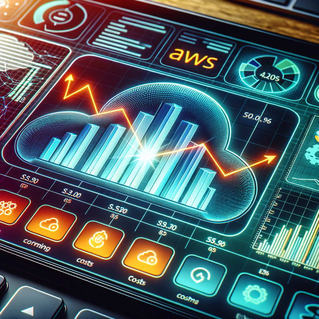 時間経過に伴うコスト削減を示すグラフと、AWSおよびEC関連のチャートが背景にあるコンピューター画面