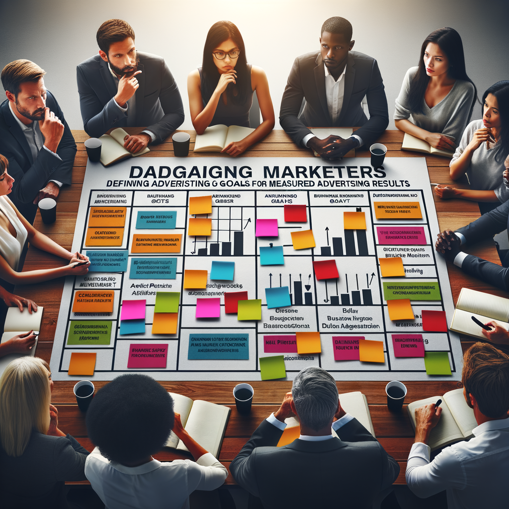 カラフルな付箋を使ってDAGMAR戦略チャートを議論するマーケターのブレインストーミングセッション