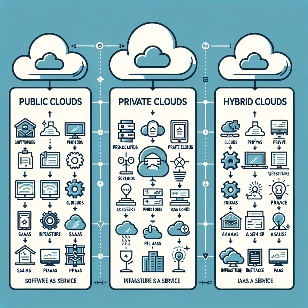 パブリッククラウド、プライベートクラウド、ハイブリッドクラウドを示す図と、SaaS、PaaS、IaaSを表すアイコン