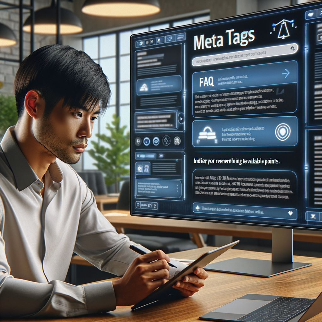 メタタグに関するFAQページを見ながらメモを取る男性